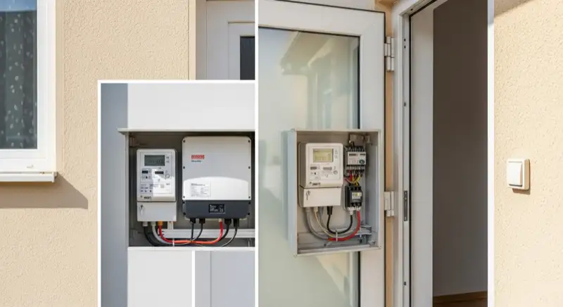 Modern German electrical meter cabinet (Zählerschrank) with smart meter and solar inverter connection, clean technical installation