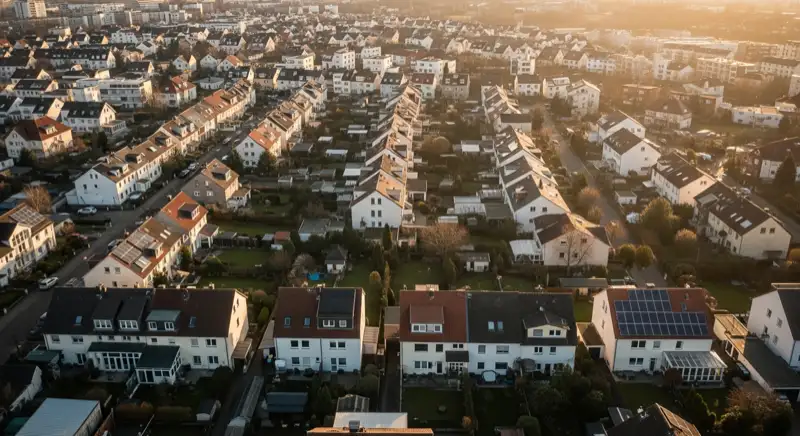Aerial drone view of typical German residential neighborhood with mixed roof types, red and dark roof tiles, gardens visible, sunny day