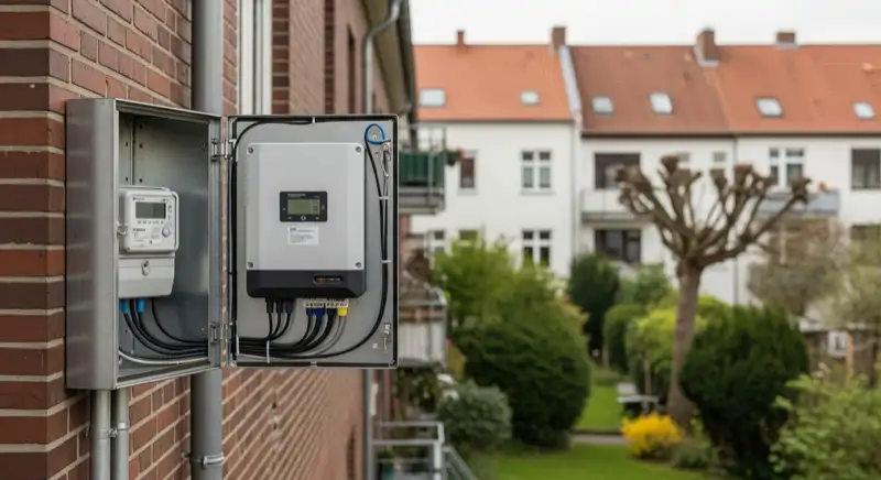 Modern German electrical meter cabinet (Zählerschrank) with smart meter and solar inverter connection, clean technical installation