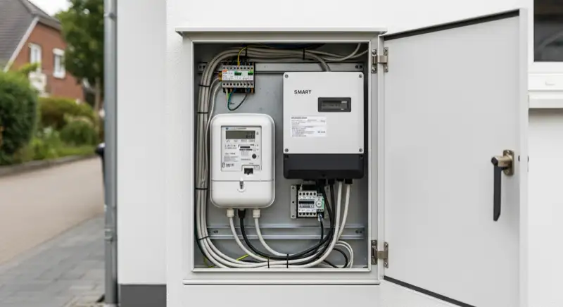 Modern German electrical meter cabinet (Zählerschrank) with smart meter and solar inverter connection, clean technical installation