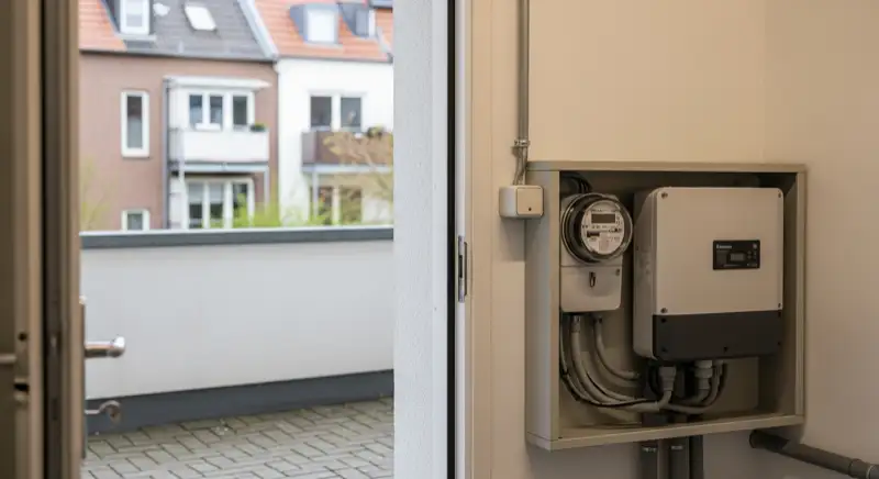 Modern German electrical meter cabinet (Zählerschrank) with smart meter and solar inverter connection, clean technical installation