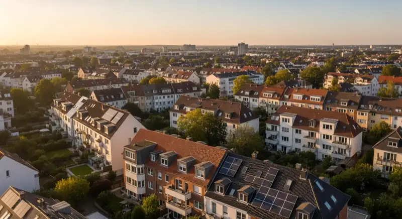 Aerial drone view of typical German residential neighborhood with mixed roof types, red and dark roof tiles, gardens visible, sunny day