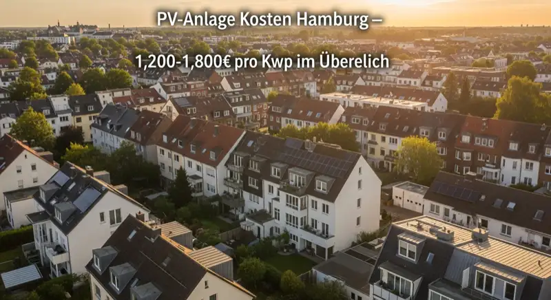 Aerial drone view of typical German residential neighborhood with mixed roof types, red and dark roof tiles, gardens visible, sunny day