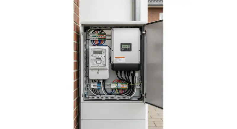 Modern German electrical meter cabinet (Zählerschrank) with smart meter and solar inverter connection, clean technical installation