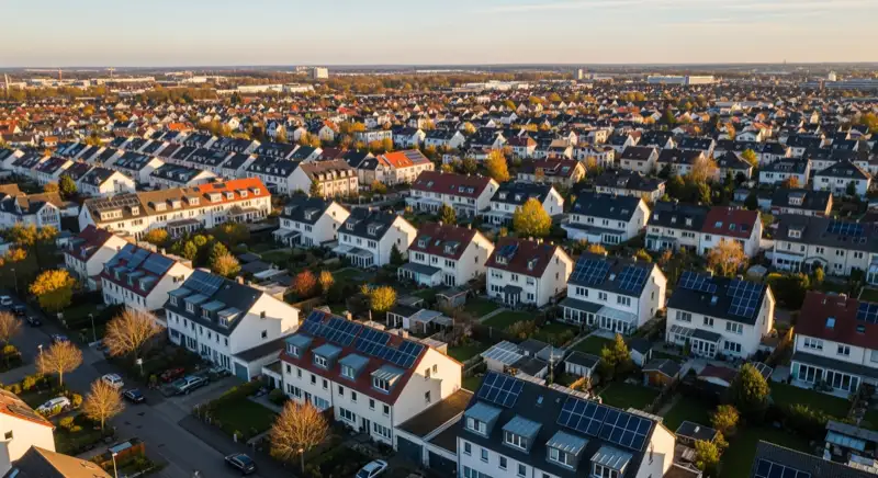 Aerial drone view of typical German residential neighborhood with mixed roof types, red and dark roof tiles, gardens visible, sunny day