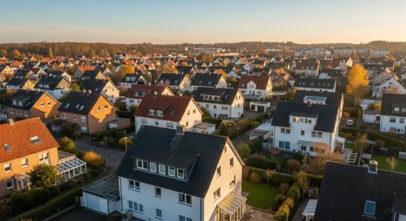 Aerial drone view of typical German residential neighborhood with mixed roof types, red and dark roof tiles, gardens visible, sunny day