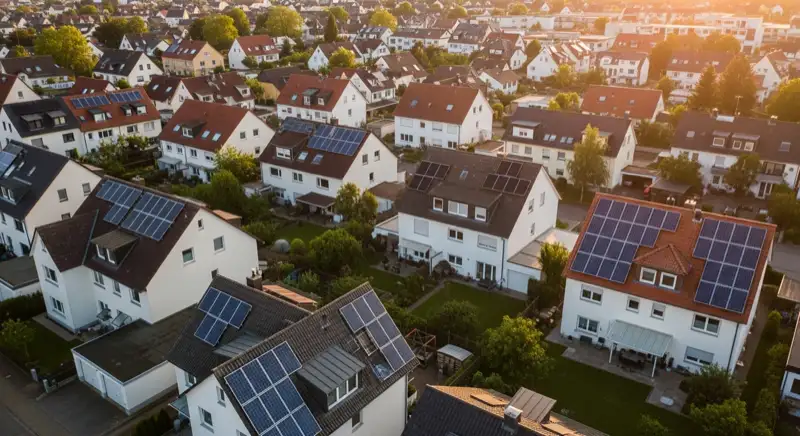Aerial drone view of typical German residential neighborhood with mixed roof types, red and dark roof tiles, gardens visible, sunny day