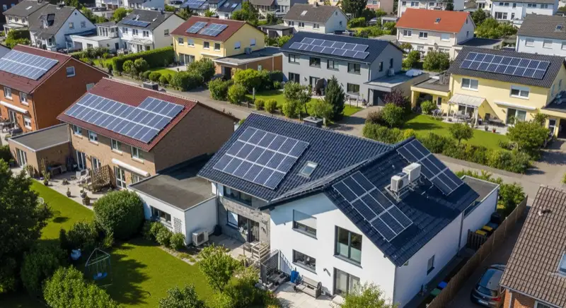 Aerial drone view of typical German residential neighborhood with mixed roof types, red and dark roof tiles, gardens visible, sunny day