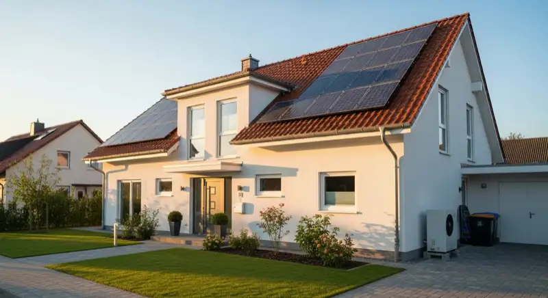 Hausbesitzer-Paar vor Einfamilienhaus in Hannover, sonniger Tag, positive Energie-Szenerie