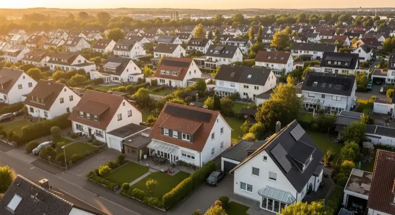Aerial drone view of typical German residential neighborhood with mixed roof types, red and dark roof tiles, gardens visible, sunny day