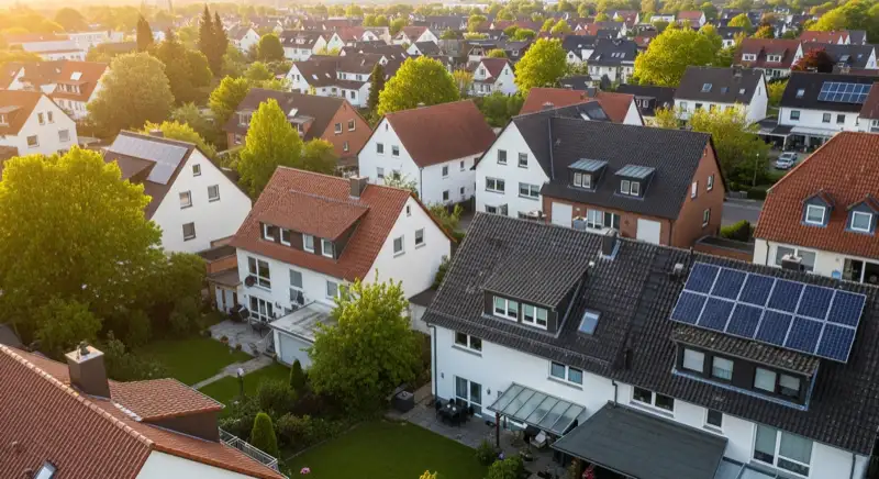 Aerial drone view of typical German residential neighborhood with mixed roof types, red and dark roof tiles, gardens visible, sunny day