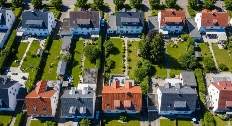 Aerial drone view of typical German residential neighborhood with mixed roof types, red and dark roof tiles, gardens visible, sunny day