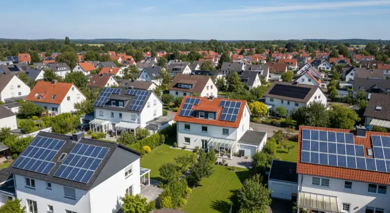 Aerial drone view of typical German residential neighborhood with mixed roof types, red and dark roof tiles, gardens visible, sunny day