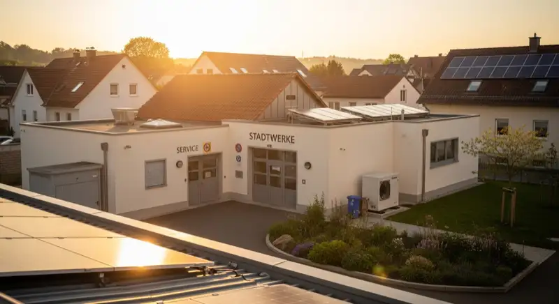 Blick auf das Stadtwerke-Gebäude in Heilbronn mit Service-Eingang, lokale Versorgeratmosphäre