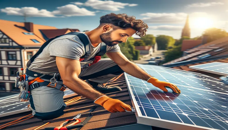 PV-Installateur bei der Montage auf einem Hennefer Dach