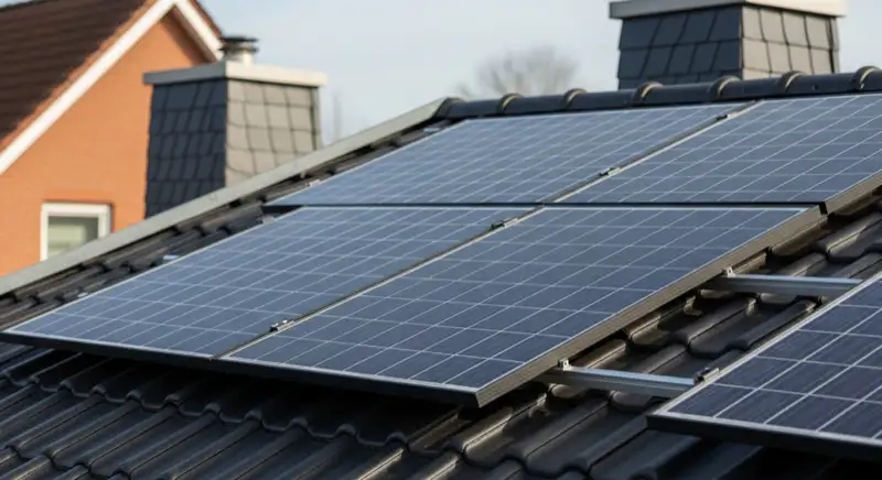 Installateur montiert PV-Module auf Satteldach eines Einfamilienhauses in Herford