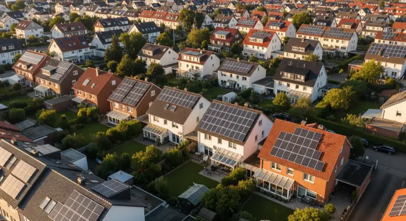Aerial drone view of typical German residential neighborhood with mixed roof types, red and dark roof tiles, gardens visible, sunny day