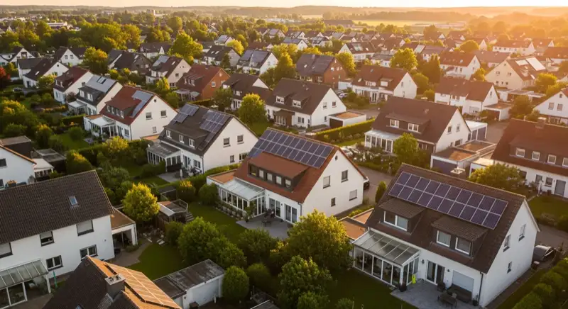 Aerial drone view of typical German residential neighborhood with mixed roof types, red and dark roof tiles, gardens visible, sunny day