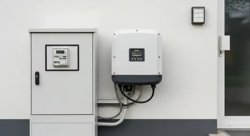 Modern German electrical meter cabinet (Zählerschrank) with smart meter and solar inverter connection, clean technical installation