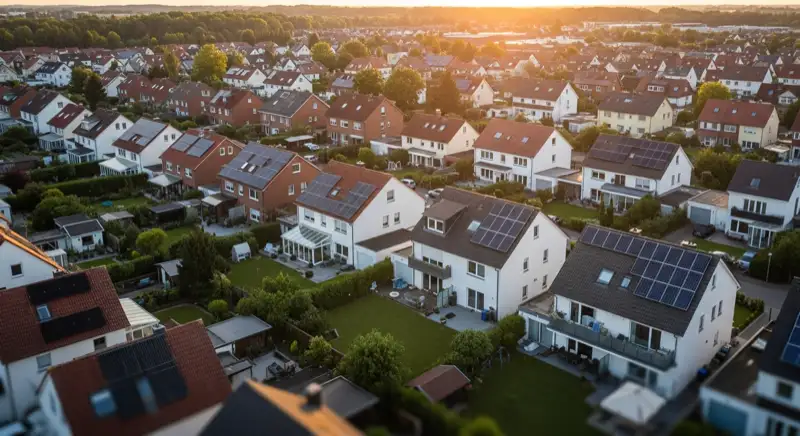 Aerial drone view of typical German residential neighborhood with mixed roof types, red and dark roof tiles, gardens visible, sunny day
