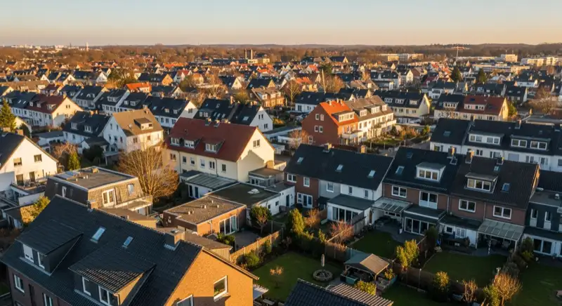 Aerial drone view of typical German residential neighborhood with mixed roof types, red and dark roof tiles, gardens visible, sunny day