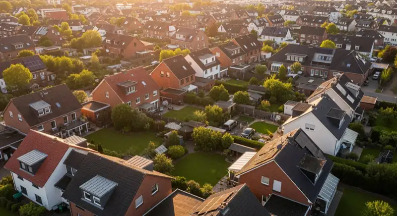 Aerial drone view of typical German residential neighborhood with mixed roof types, red and dark roof tiles, gardens visible, sunny day