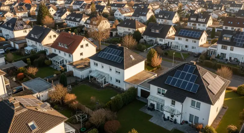 Aerial drone view of typical German residential neighborhood with mixed roof types, red and dark roof tiles, gardens visible, sunny day