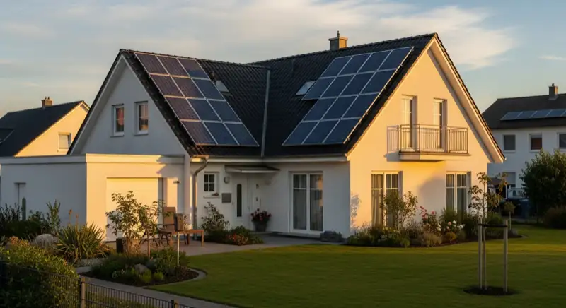 German detached house (Einfamilienhaus) with photovoltaic panels on pitched roof, well-maintained garden, warm afternoon sunlight