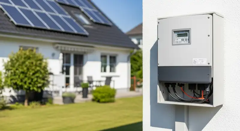 Modern German electrical meter cabinet (Zählerschrank) with smart meter and solar inverter connection, clean technical installation