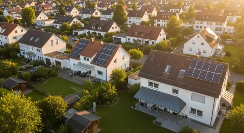 Aerial drone view of typical German residential neighborhood with mixed roof types, red and dark roof tiles, gardens visible, sunny day