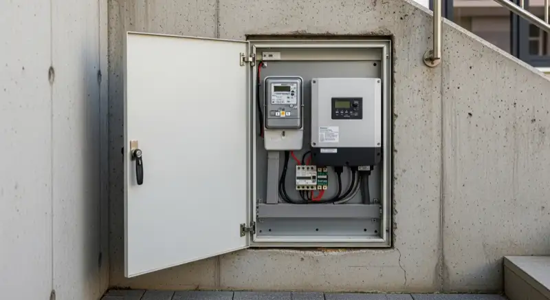 Modern German electrical meter cabinet (Zählerschrank) with smart meter and solar inverter connection, clean technical installation