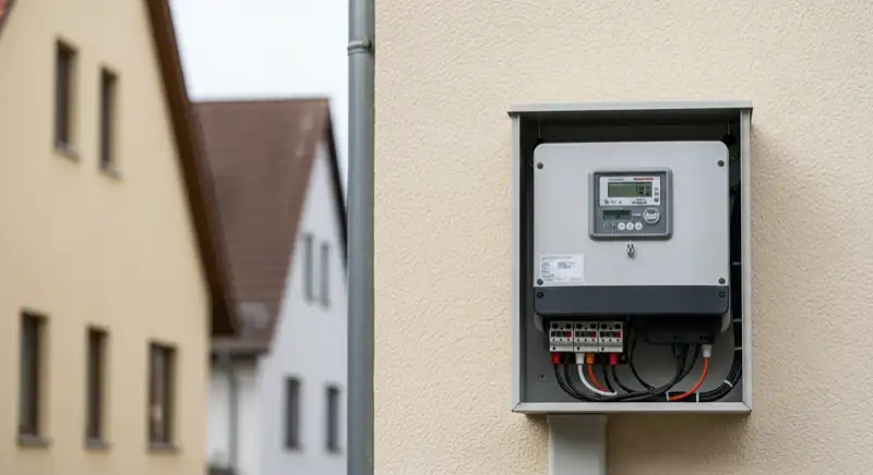 Modern German electrical meter cabinet (Zählerschrank) with smart meter and solar inverter connection, clean technical installation