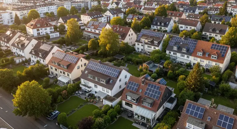 Aerial drone view of typical German residential neighborhood with mixed roof types, red and dark roof tiles, gardens visible, sunny day