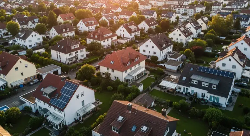 Aerial drone view of typical German residential neighborhood with mixed roof types, red and dark roof tiles, gardens visible, sunny day