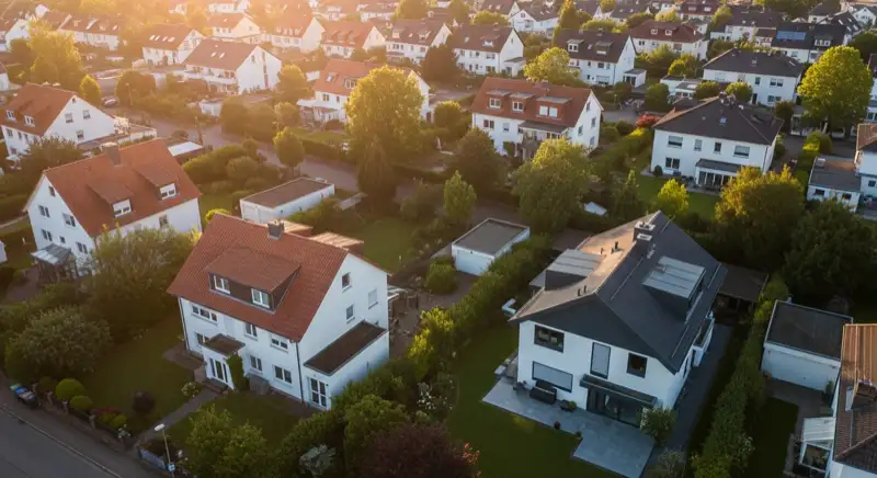 Aerial drone view of typical German residential neighborhood with mixed roof types, red and dark roof tiles, gardens visible, sunny day