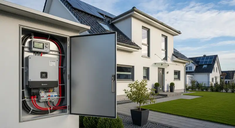 Modern German electrical meter cabinet (Zählerschrank) with smart meter and solar inverter connection, clean technical installation