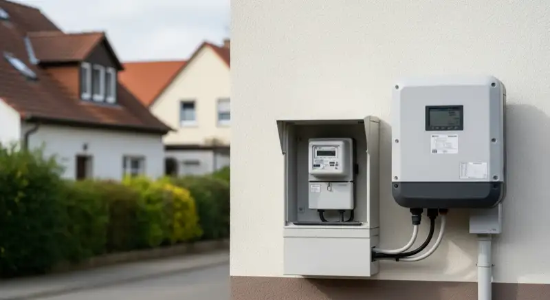 Modern German electrical meter cabinet (Zählerschrank) with smart meter and solar inverter connection, clean technical installation