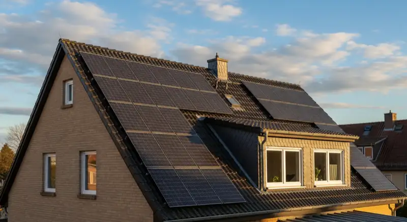 Close-up of photovoltaic solar panels installed on a traditional German Satteldach (gabled roof), blue sky with some clouds