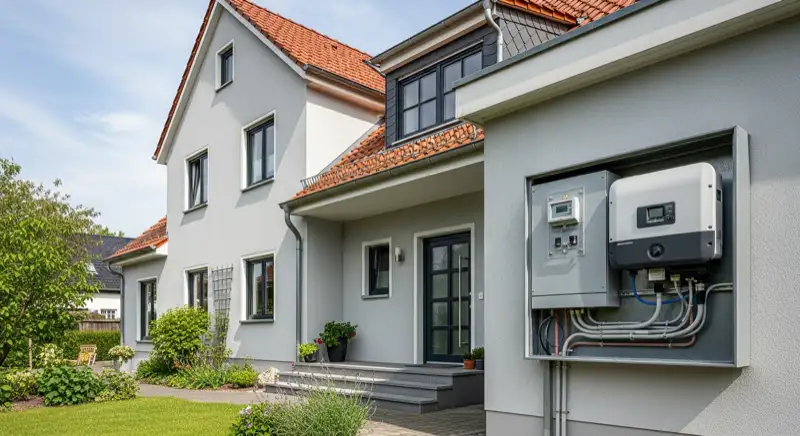 Modern German electrical meter cabinet (Zählerschrank) with smart meter and solar inverter connection, clean technical installation