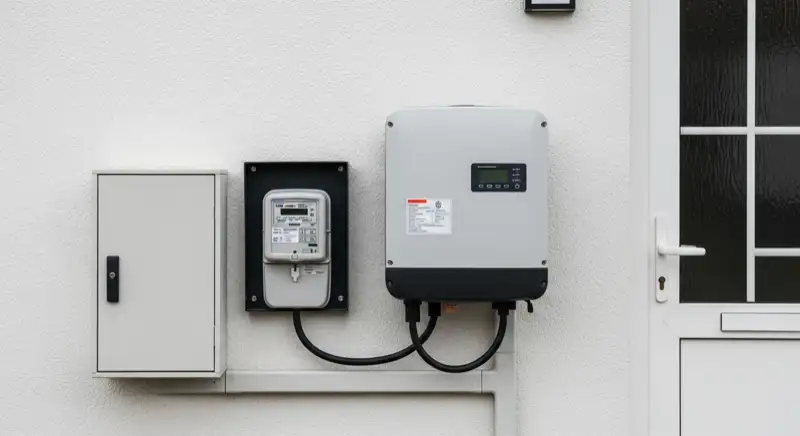 Modern German electrical meter cabinet (Zählerschrank) with smart meter and solar inverter connection, clean technical installation