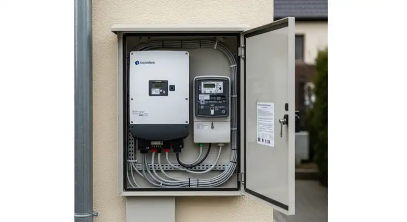 Modern German electrical meter cabinet (Zählerschrank) with smart meter and solar inverter connection, clean technical installation
