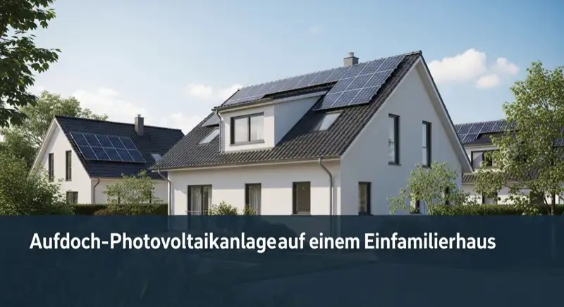 Aufdach-Photovoltaikanlage auf einem Einfamilienhaus in einer Wohnsiedlung in Ingelheim am Rhein