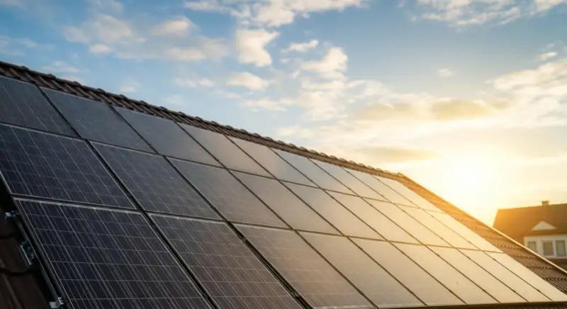 Close-up of photovoltaic solar panels installed on a traditional German Satteldach (gabled roof), blue sky with some clouds
