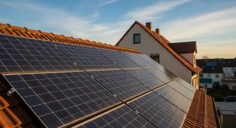 Close-up of photovoltaic solar panels installed on a traditional German Satteldach (gabled roof), blue sky with some clouds