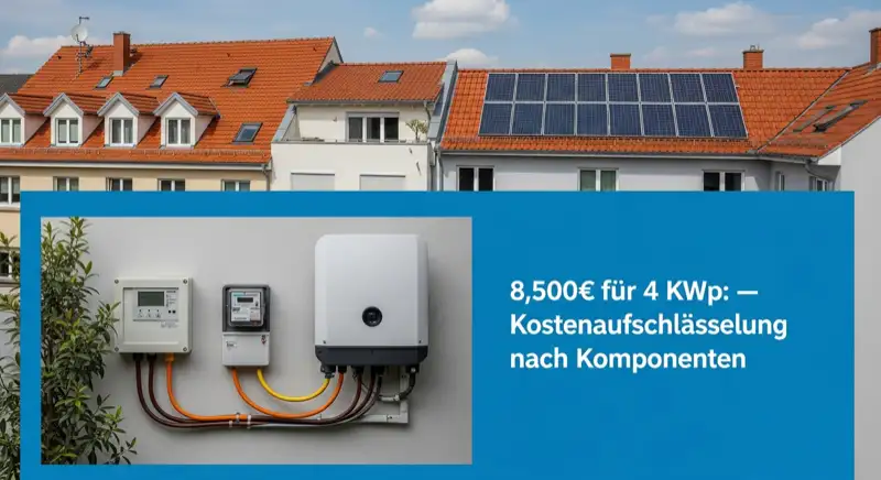 Modern German electrical meter cabinet (Zählerschrank) with smart meter and solar inverter connection, clean technical installation