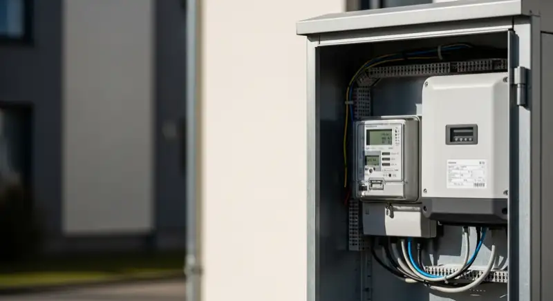 Modern German electrical meter cabinet (Zählerschrank) with smart meter and solar inverter connection, clean technical installation