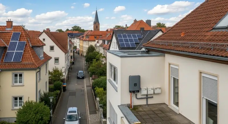 Modern German electrical meter cabinet (Zählerschrank) with smart meter and solar inverter connection, clean technical installation