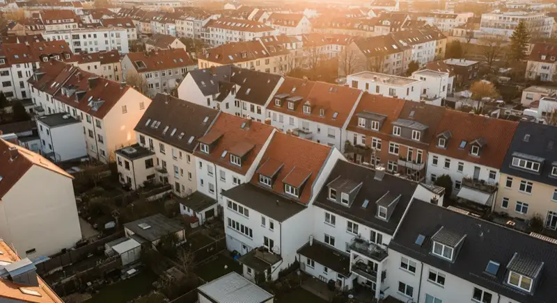 Aerial drone view of typical German residential neighborhood with mixed roof types, red and dark roof tiles, gardens visible, sunny day