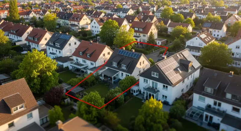 Aerial drone view of typical German residential neighborhood with mixed roof types, red and dark roof tiles, gardens visible, sunny day