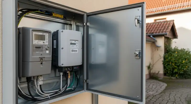 Modern German electrical meter cabinet (Zählerschrank) with smart meter and solar inverter connection, clean technical installation